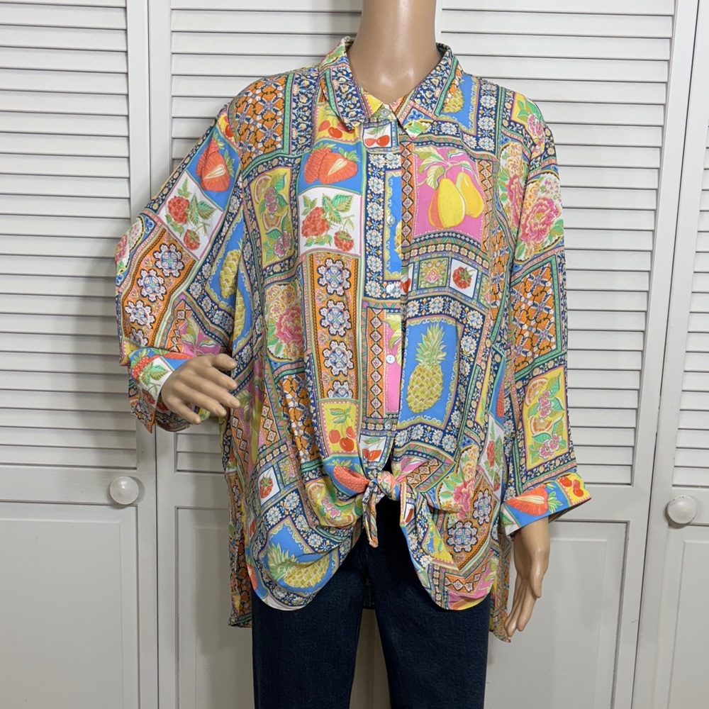 NWT Rose & Olive Multicolor Fruit Patterns Blouse 3X